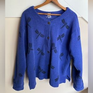 Ad Libz Lagenlook Jacket Blazer Women Large Blue Art to Wear Cotton Dragonflies